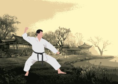 Karate pratisyeni, arka planda geleneksel oryantal dojo ile huzurlu bir bahçede kata icra ediyor.