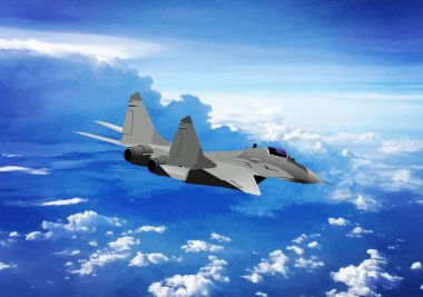 Güzel bir günde bulutların üzerinde uçan savaş uçağı.