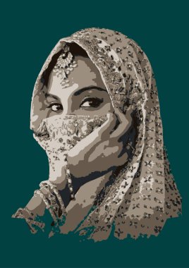 Müslüman gelin geleneksel giysiler giyerek yüzünü eliyle kapatıyor.