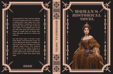 Tarihi bir ortamda bir kraliçenin yer aldığı kitap kapağı tasarımı, kılıçlarla ve dekoratif süslemelerle süslenmiş, tarihi bir roman için büyüleyici bir görsel yaratıyor.