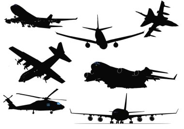 Siyah siluet uçaklar ve helikopter uçuş ve iniş, beyaz arka planda izole