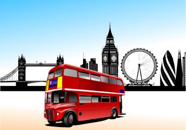 Klasik kırmızı çift katlı otobüs. Arka planda Büyük Ben, Londra Gözü, Kule Köprüsü ve 30. Mary Axe gibi ünlü işaretlerle Londra 'dan geçiyor.