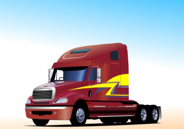 Parlak kırmızı kamyon taksisi mavi gökyüzünün altında çöl yolunda nakledilmeye hazır bekliyor.