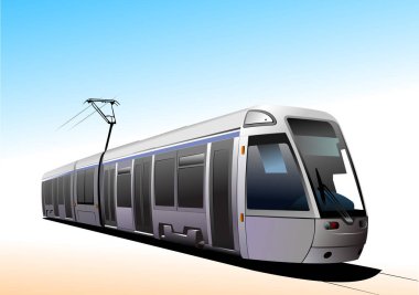 Modern tramvay mavi gökyüzünün altında raylar üzerinde çalışıyor.