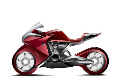 Kırmızı fütüristik bir motosikletin yan görüntüsü park edilmiş, yenilikçi tasarım ve ileri teknoloji sergileniyor.