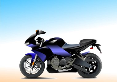 Modern racing motorcycle parked on a sandy area with a clear blue sky, ideal for motorcycle and racing enthusiasts clipart