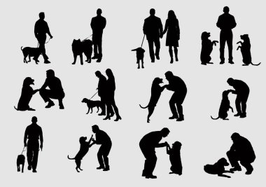 Yürüyen, antrenman yapan ve köpeklerle oynayan insanların siluetleri ev sahipleri ve evcil hayvanlar arasında çeşitli etkileşimler sergiliyor.