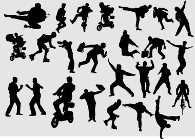 Çalışan ve zıplayan işadamlarının yer aldığı dinamik vektör siluetleri koleksiyonu, koşmaktan motorsiklet ve paten sürmeye kadar.