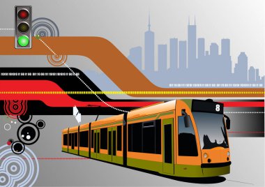 Yeşil ışık ve stilize arka plan ile şehir ortamında turuncu tramvay