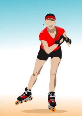 Paten kayan kaykaycı koruyucu giysiler giyerek paten kayarken öne bakıyor.