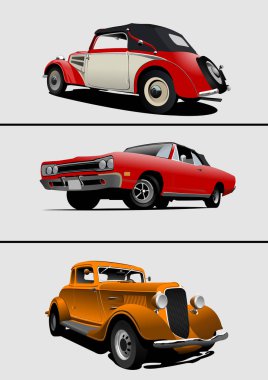 Değişen otomotiv tasarımı ve teknolojisini ön plana çıkaran, farklı yıllardan üç klasik arabayı gösteren vektör illüstrasyonu