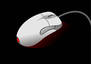 Alttan yayılan kırmızı ışık ile modern optik bilgisayar faresi, siyah bir yüzey üzerinde dinleniyor.