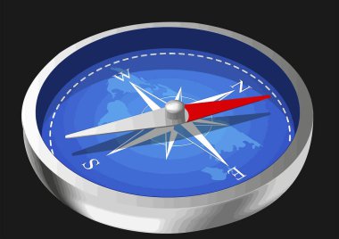 Mavi ekran üzerinde dünya haritası olan kuzeyi gösteren pusula seyahat ve keşif kavramları için mükemmel