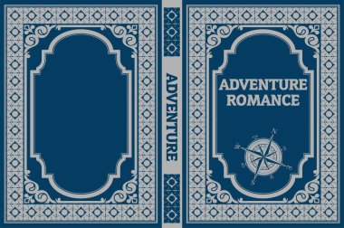 Süslü çerçeveli kitap kapağı tasarımı, pusula gülü ve macera romantizmi başlığı, seyahat ve keşif duygusunu çağrıştırıyor