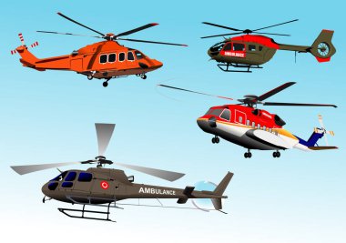 Gökyüzünde farklı renk ve modellerden oluşan dört helikopter uçuyor, çeşitli tasarımlarını ve yeteneklerini sergiliyorlar.