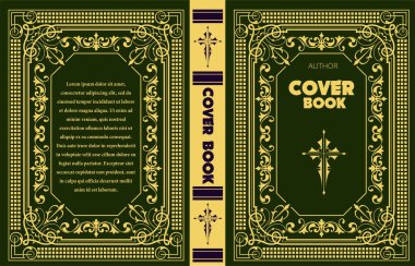 Merkezi bir haç ve klasik tipografi içeren yeşil bir kitabın kapağını süsleyen altın çerçeve tasarımı, dini veya tarihi edebiyat için mükemmel.