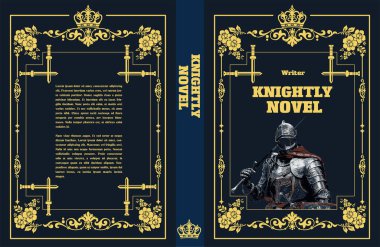 Kitap kapağı tasarımı, elinde kılıç tutan bir ortaçağ şövalyesini gösteriyor, zarif çiçek ve taç motifleriyle süslenmiş, tarihsel kurgu veya fantezi türleri için uygun.