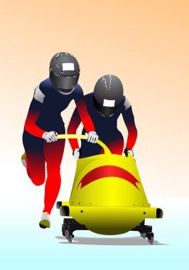 İki bobsled atleti buz pistinde yarışın başında kızaklarını itiyorlar.