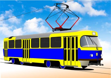 Sarı ve mavi tramvay bulutlu mavi gökyüzüne doğru gidiyor.