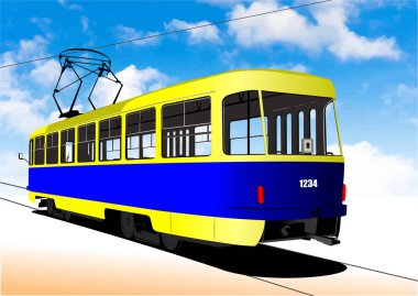 Sarı ve mavi tramvay bulutlu mavi gökyüzüne doğru gidiyor.