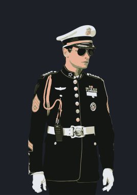 Güneş gözlüğü ve radyoyla donatılmış, kendine güvenen bir deniz piyadesi askerinin portresi. Profesyonellik ve askeri gurur yayıyor.
