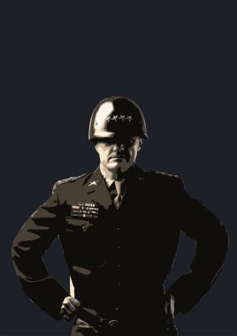 General George Patton 'ın stilize edilmiş portresi, elleri kalçasında, askeri üniforma ve miğfer takıyor.