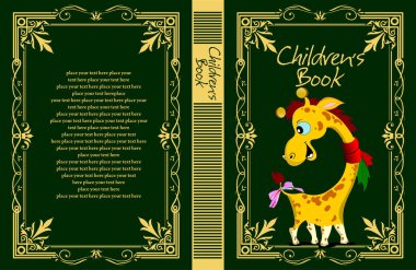 Tuhaf zürafa, çocuk kitabı kapağını zengin yeşil arka planda zarif altın çerçeveyle süslüyor.