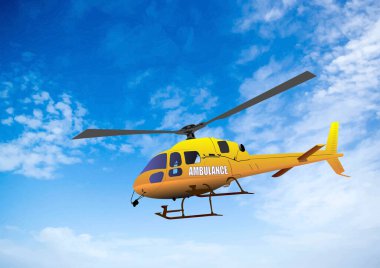 Sarı kurtarma helikopteri bulutlarla mavi gökyüzünde uçuyor.