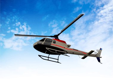 Bulutlu bir havada uçan modern helikopter hava taşımacılığı, seyahat ve kurtarma hizmetlerini temsil ediyor.