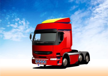 Güzel mavi bir gökyüzünün altında, bulutlu kırmızı bir kamyonet.