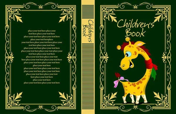 Tuhaf zürafa, çocuk kitabı kapağını zengin yeşil arka planda zarif altın çerçeveyle süslüyor.