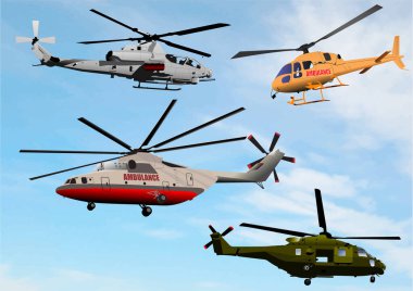Mavi gökyüzünde uçan dört helikopter, hava operasyonunda askeri, ambulans ve kurtarma uçaklarını gösteriyor.