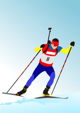 Biatloncu hızlı kayıyor ve kış yarışmasında tüfek taşıyor.