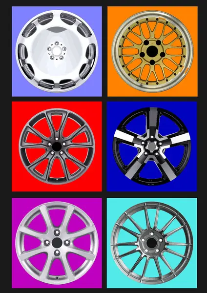 Alloy tekerlekleri çeşitli tasarım ve renkleri sergiliyor, araba akordu, araç estetiği ve otomotiv kişiselleştirmesi için mükemmel.