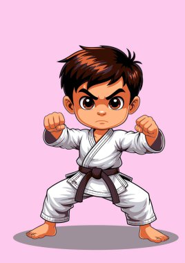 Karateci çocuk dövüş sanatları çalışıyor, beyaz kimono ve siyah kuşak giyiyor, dövüş duruşunda duruyor.