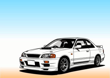 Aerodinamik parçalar ve alaşımlı tekerlekler içeren gradyan renk arkaplan üzerine park edilmiş beyaz spor araba