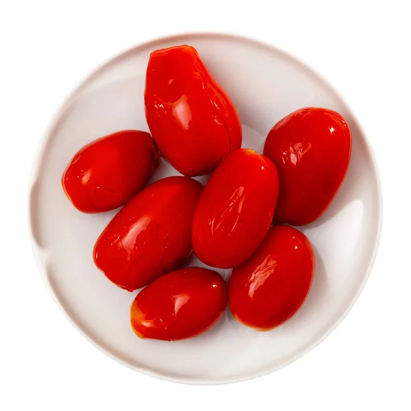 Merah Acar Tomat Piring Closeup Perawatan Segar Terisolasi Atas Latar — Stok Foto