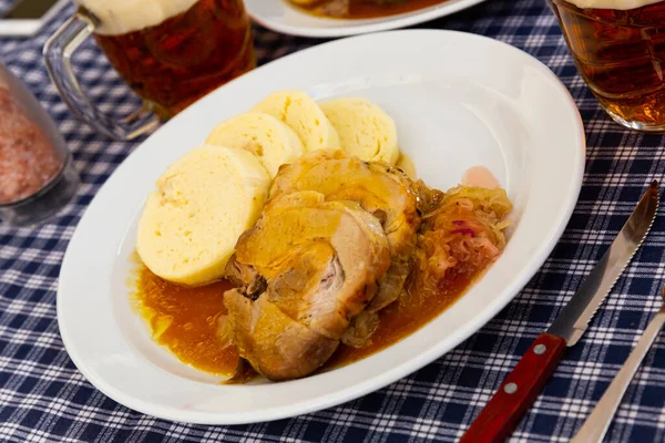 Traditional Czech Dish Bread Knodels Pork Sauerkraut — Stock Photo, Image
