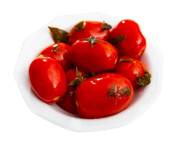 Tomates Conserve Maison Sur Assiette Blanche Isolé Sur Fond Blanc — Photo