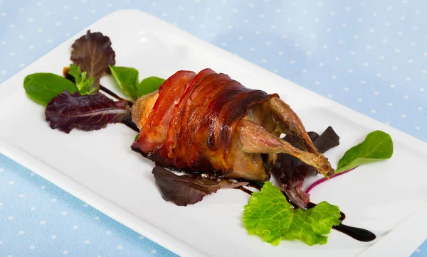 Image Baked Bacon Quail Balsamic Sauce Plate Indoors — Stock Photo, Image