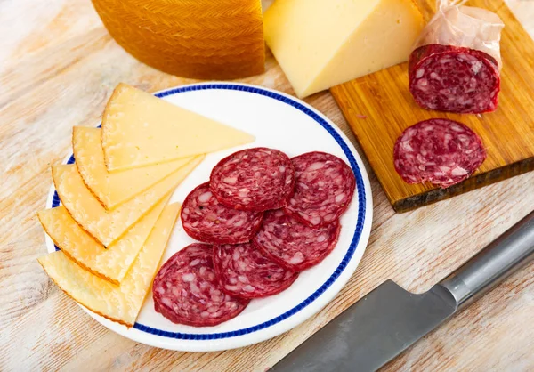 Sliced Meat Sausage Cheese Served Plate Appetizer — Stock fotografie