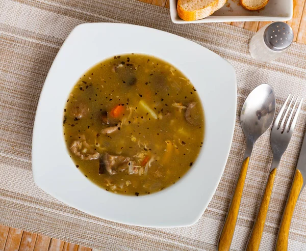 森のキノコ 豚肉の肉や野菜とボリューム満点の自家製スープ ロシア料理 — ストック写真