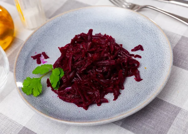 Traditional Salad Russian Cuisine Boiled Grated Beetroot Decorated Sprig Parsley — Stock Photo, Image