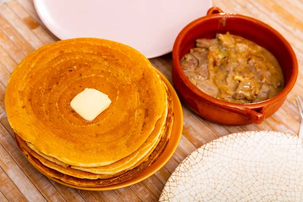 Appetizing Thin Pancakes Served Butter Machanka Stew Various Types Meat — 图库照片