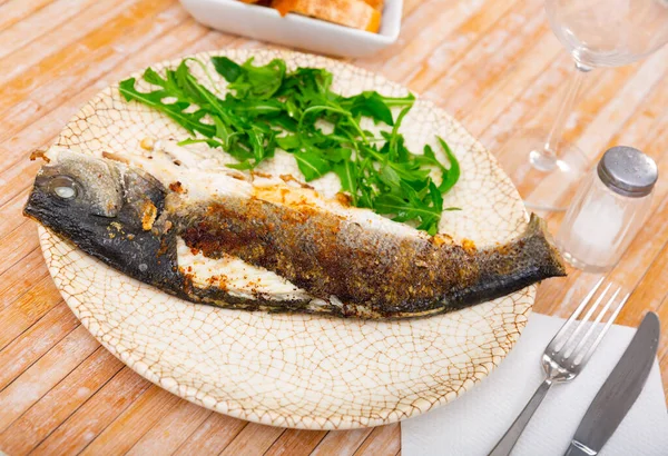 Delicious Fish Dish Grilled European Bass Served Fresh Greens — Stockfoto