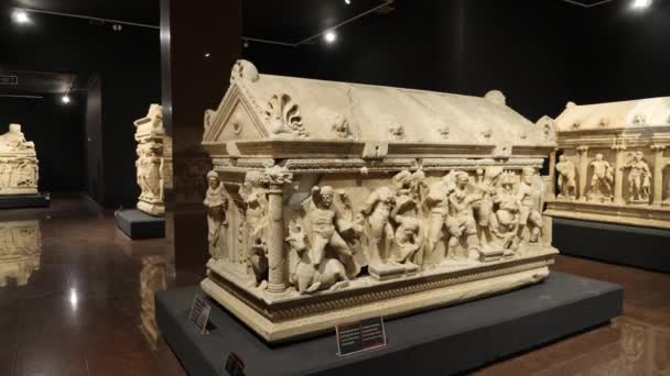 Antalya Turkey May 2022 Unique Ancient Anatolian Sarcophagi Displayed Exposition — Stock Video