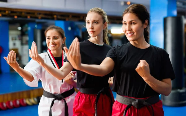 Three Young Smiling Women Trying New Martial Moves Practicing Karate — Stock Photo, Image