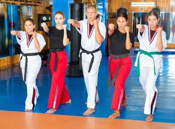 Foto Grupo Personas Haciendo Kata Durante Entrenamiento Karate Grupo —  Fotos de Stock