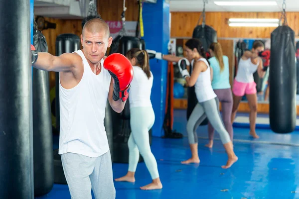 Retrato Jovem Concentrado Luvas Boxe Praticando Socos Corporais Poderosos Saco — Fotografia de Stock