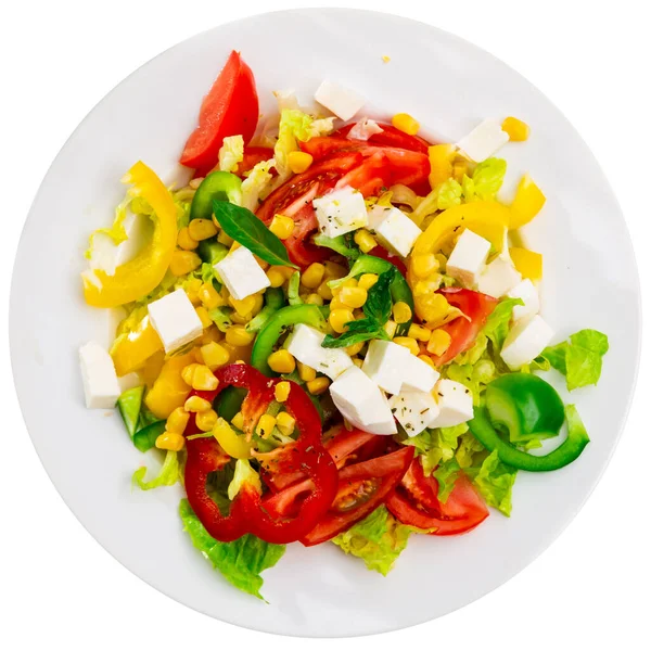 Gezonde Salade Met Verse Groenten Groenten Jonge Kaas Gegarneerd Met — Stockfoto